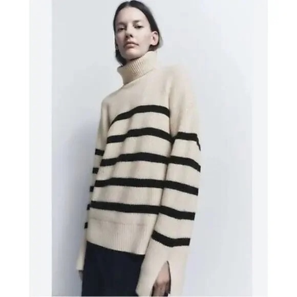 Zara Ribbed Cream & Black Striped Turtleneck Sweater - Size Small - Picture 1 of 8